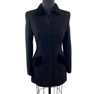 RENA LANGE Black Tailored Wool Silk Velvet Tux Blazer Jacket Victorian Cupro 6